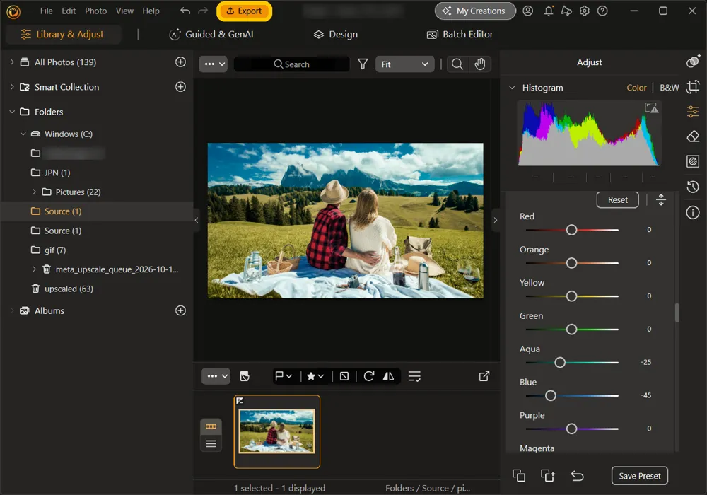 Library and Adjust with the finished HSL edits and the Export button highlighted at the top of the window