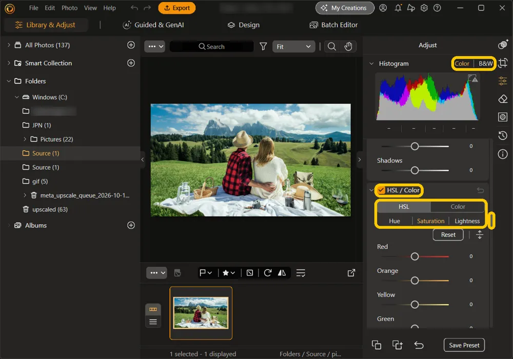The Color and B&W buttons at the top right of the histogram, and the HSL / Color section with its title, the HSL and Color views, the Hue, Saturation, and Lightness sub-tabs, and the panel scrollbar highlighted