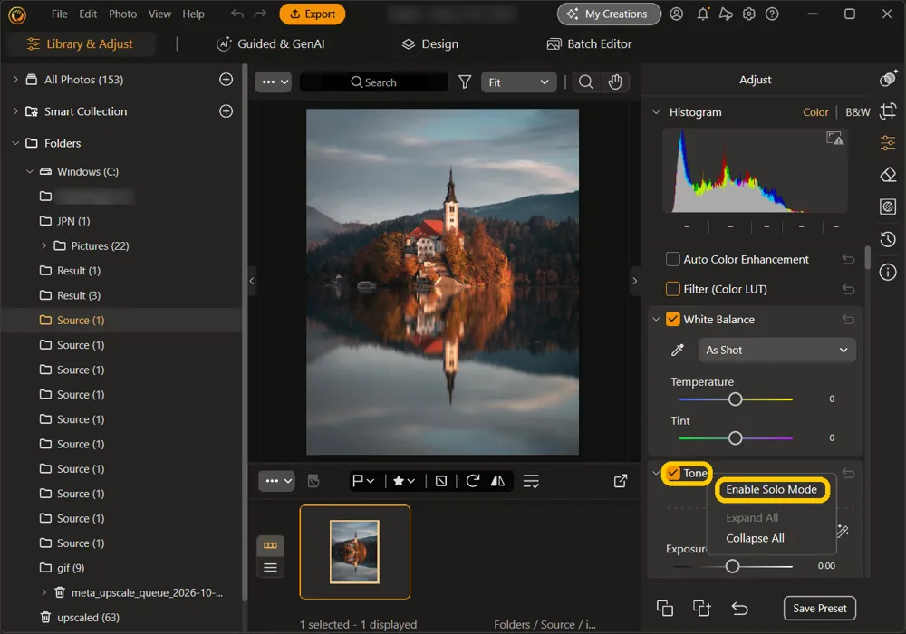 The menu that opens on a right-click on the Tone section title, with the Tone title and Enable Solo Mode highlighted