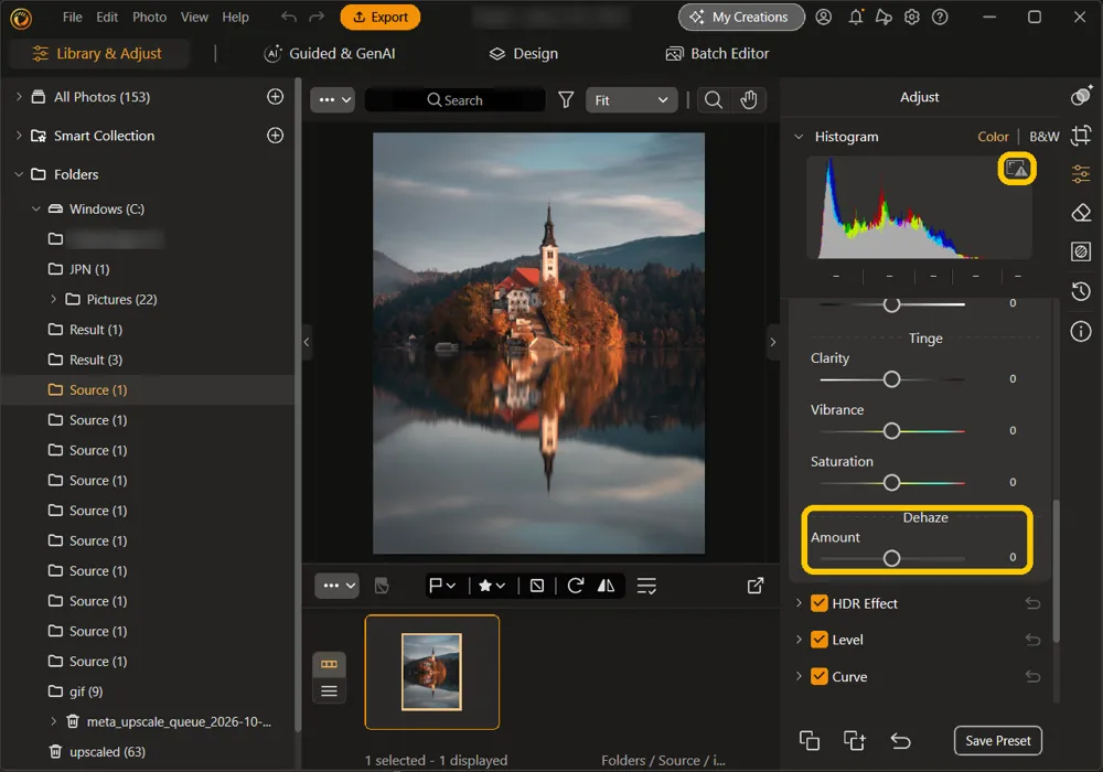 The Tinge sliders and the Dehaze Amount slider in the Tone section, with Dehaze and the clipping icon at the top right of the histogram highlighted