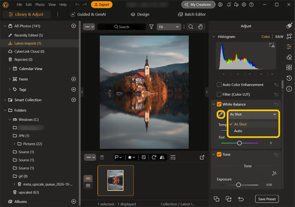 The White Balance menu open with As Shot and Auto, and the eyedropper beside it, highlighted