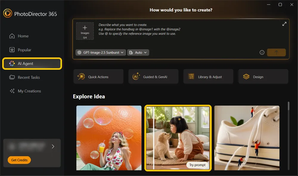 The launcher's AI Agent page with the AI Agent menu item and a hovered Explore Idea example highlighted