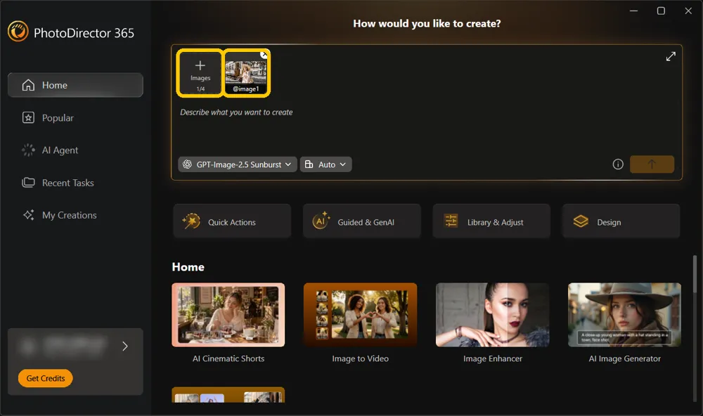 The launcher request box with the Images button and the attached street photo labeled @image1 highlighted