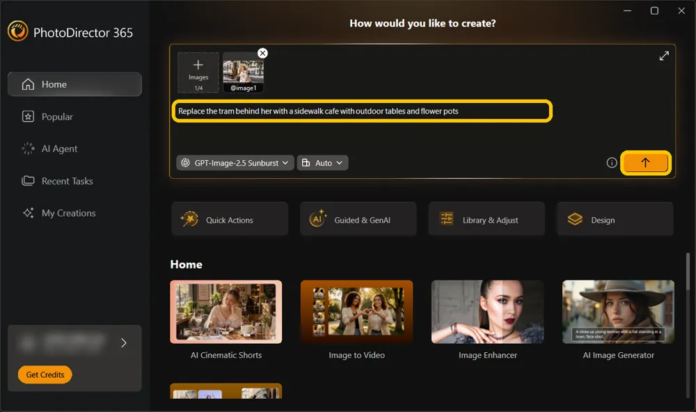 The launcher request box with the street photo attached, the cafe request typed in, and the send arrow highlighted