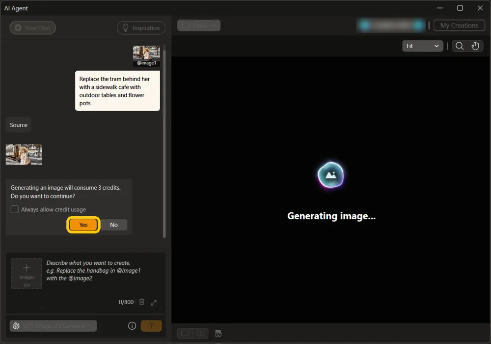 The AI Agent window with the cafe request in the chat and the Yes button of the credit message highlighted