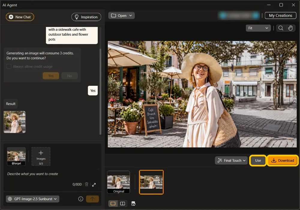 The edited street photo with a sidewalk cafe behind the woman, and the Use and Download buttons highlighted