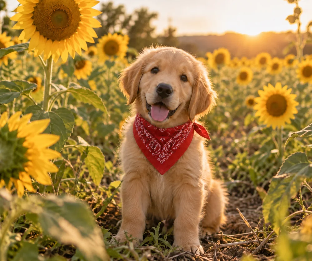 The same puppy and field, now with a red bandana around its neck