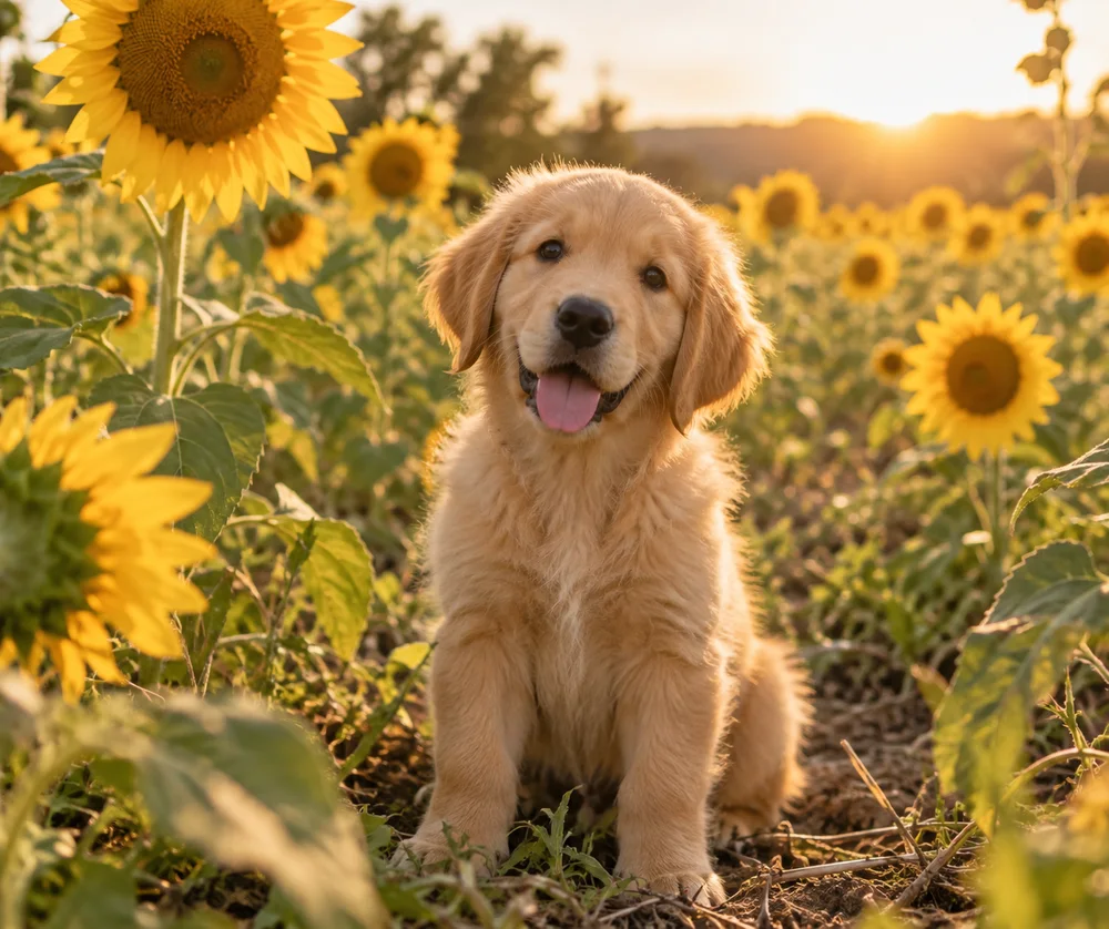 A golden retriever puppy sitting in a sunflower field in warm late-afternoon light