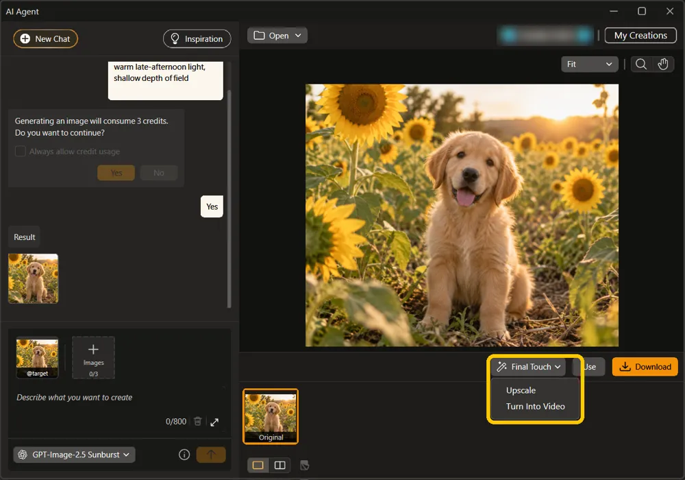 The generated puppy image on the canvas with the Final Touch menu open, showing Upscale and Turn Into Video