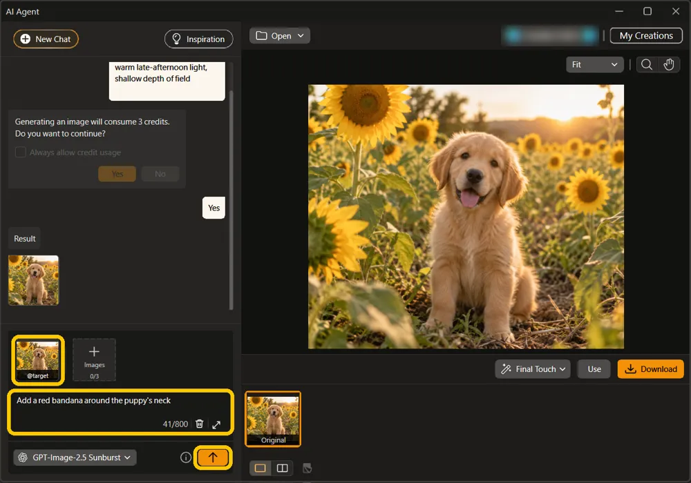 The request box with the result labeled @target, the follow-up request typed in, and the send arrow highlighted