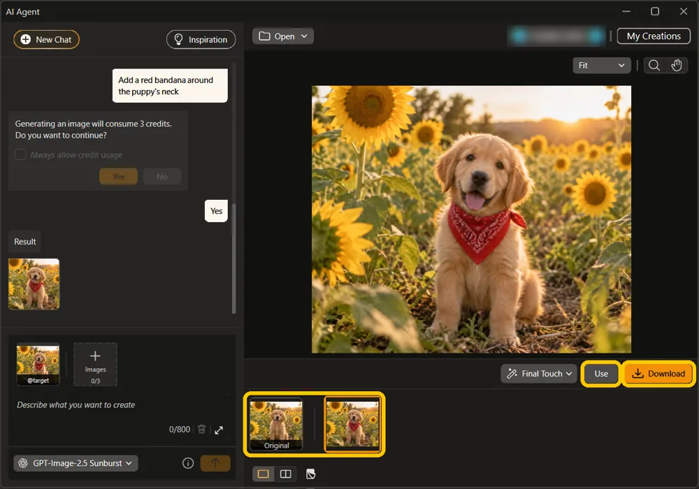 The puppy with a red bandana on the canvas, with the version strip, Use, and Download highlighted