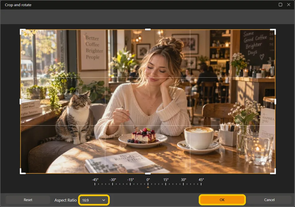 The Crop and rotate window with a 16:9 frame over the whole café photo, and the Aspect Ratio list and OK button highlighted