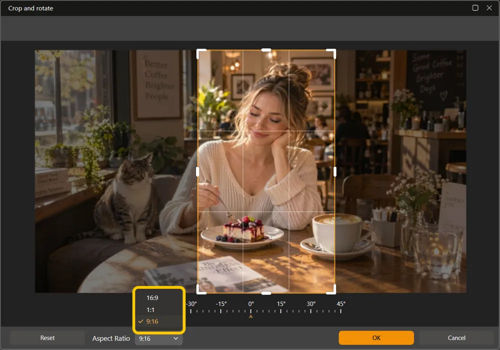 The Aspect Ratio list open in the Crop and rotate window, with 16:9, 1:1, and 9:16