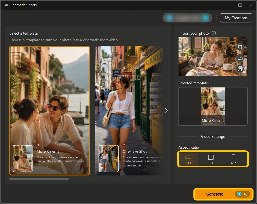 The Aspect Ratio options with 16:9 selected and the Generate button highlighted