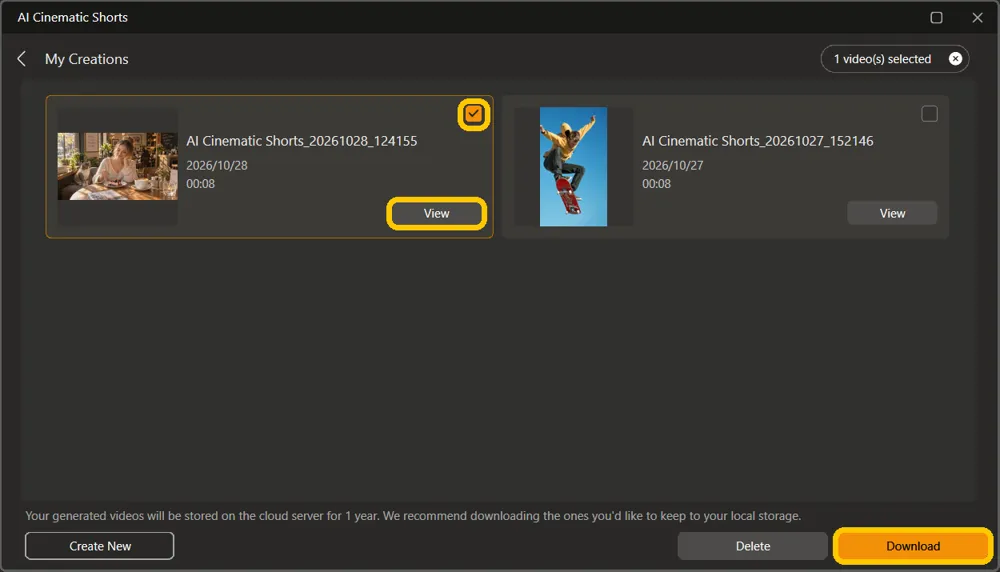 My Creations with the café short's checkbox checked, and its View button and the Download button highlighted
