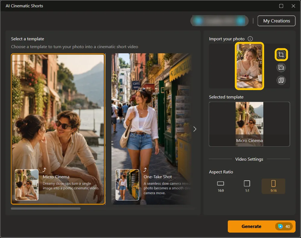 The café photo in the Import your photo box and the crop icon beside it highlighted