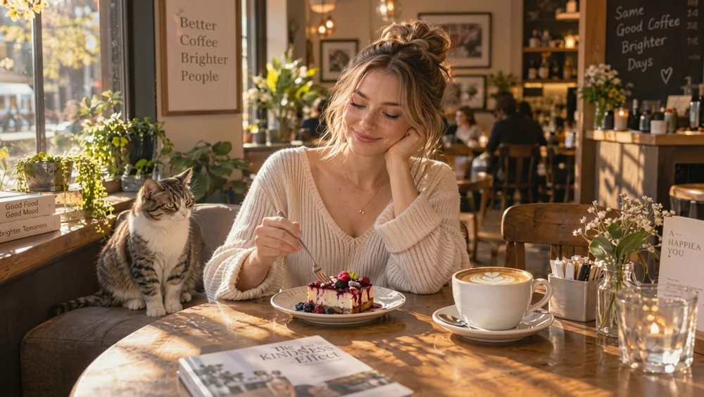 A woman eating cheesecake at a sunlit café table, with a latte beside her and a tabby cat on the bench