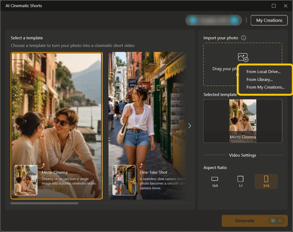 The Import your photo menu with From Local Drive, From Library, and From My Creations highlighted