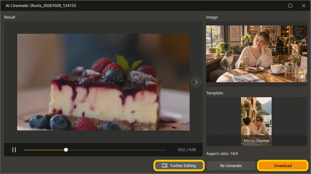 The short playing in the View window, with the Further Editing and Download buttons highlighted
