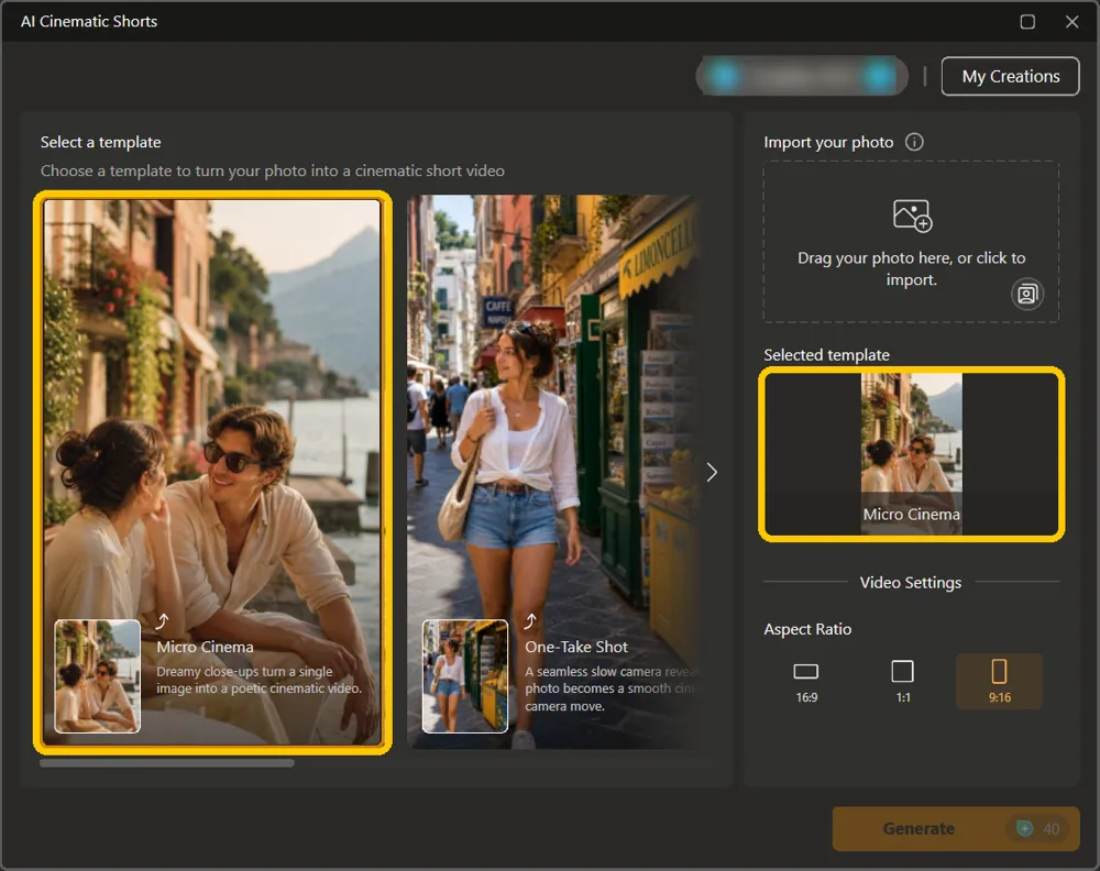 The Micro Cinema template selected and shown under Selected template, highlighted
