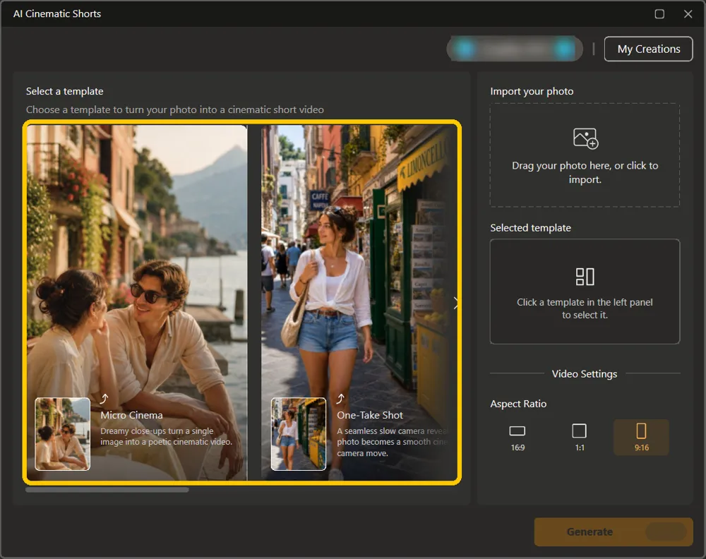 The row of templates, showing Micro Cinema and One-Take Shot, highlighted