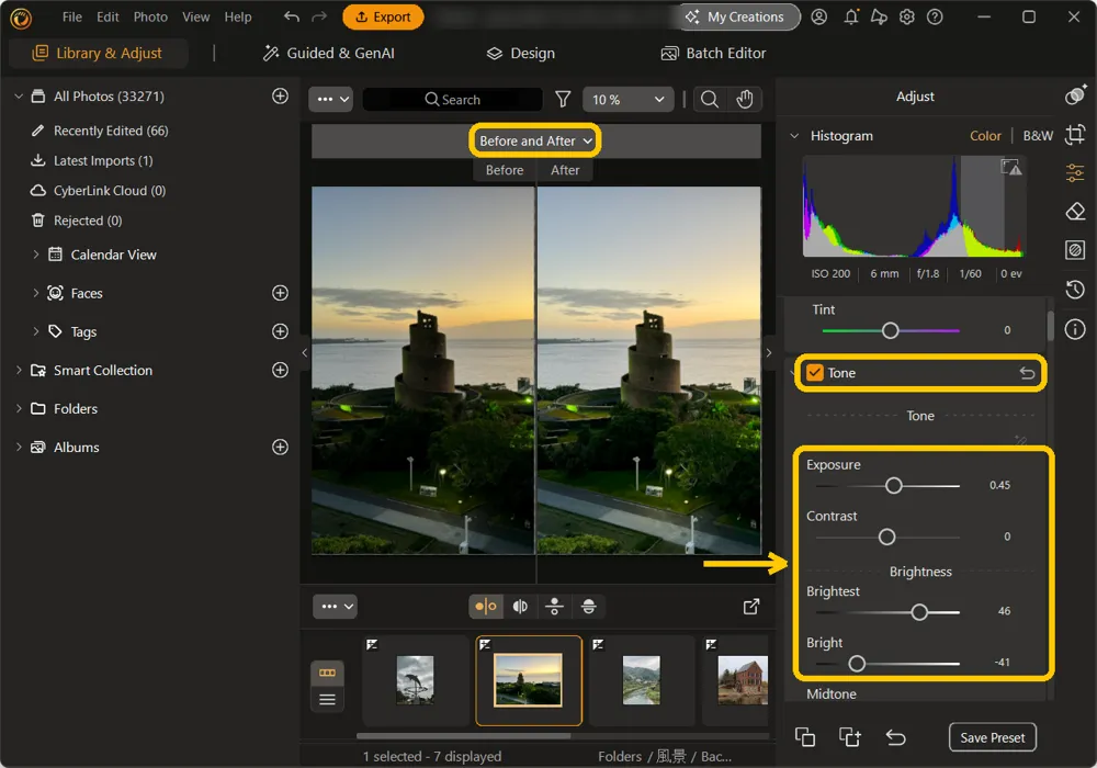 The Tone sliders filled in with values, the Tone checkbox and reset arrow, and the Before and After menu above the canvas highlighted