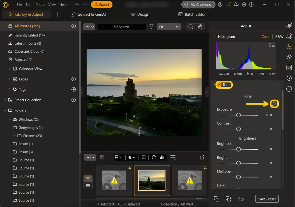 The Tone section with the Tone checkbox and the wand above Exposure highlighted, every slider at 0