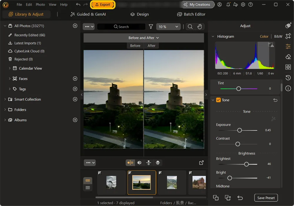 Library and Adjust with the filled-in Tone sliders and the Export button highlighted at the top of the window