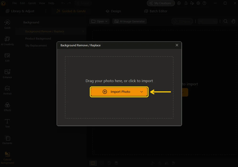 The Background Remove / Replace import window with the Import Photo button highlighted