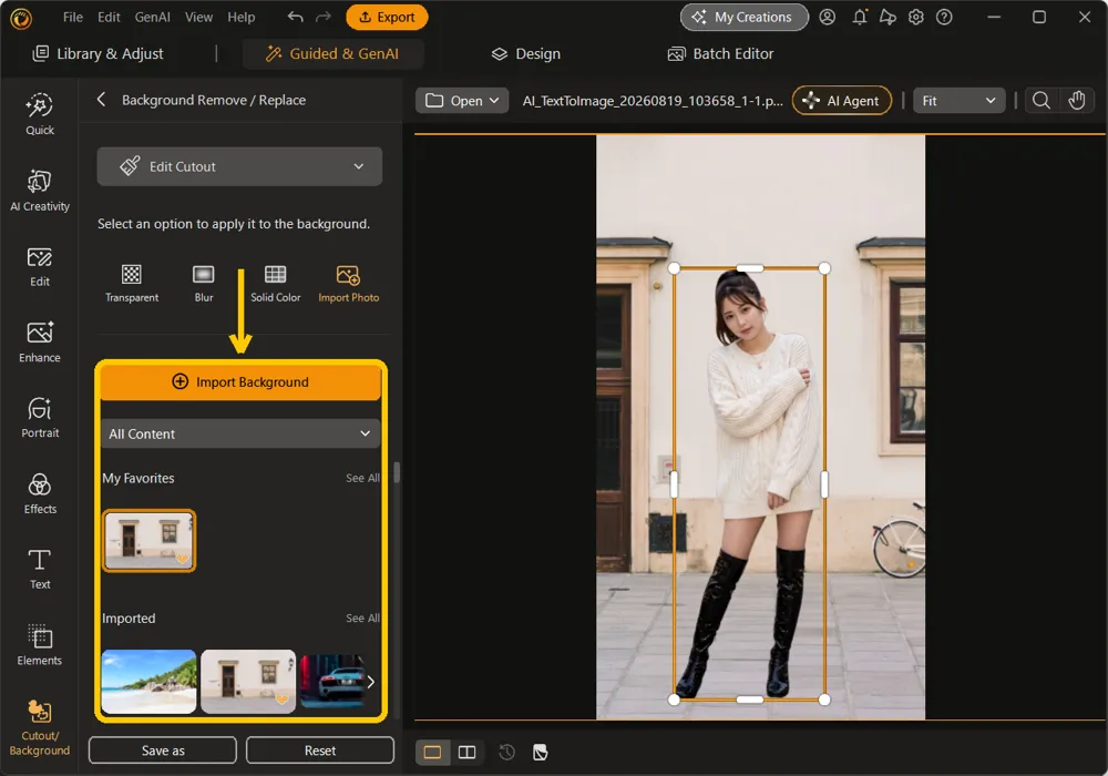The Import Photo option with the Import Background button and background library highlighted, the subject on a cream wall