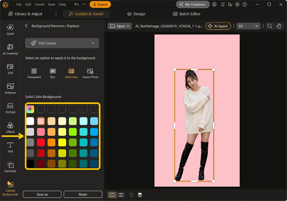 The Solid Color palette with a pale pink selected and the subject on a pink background