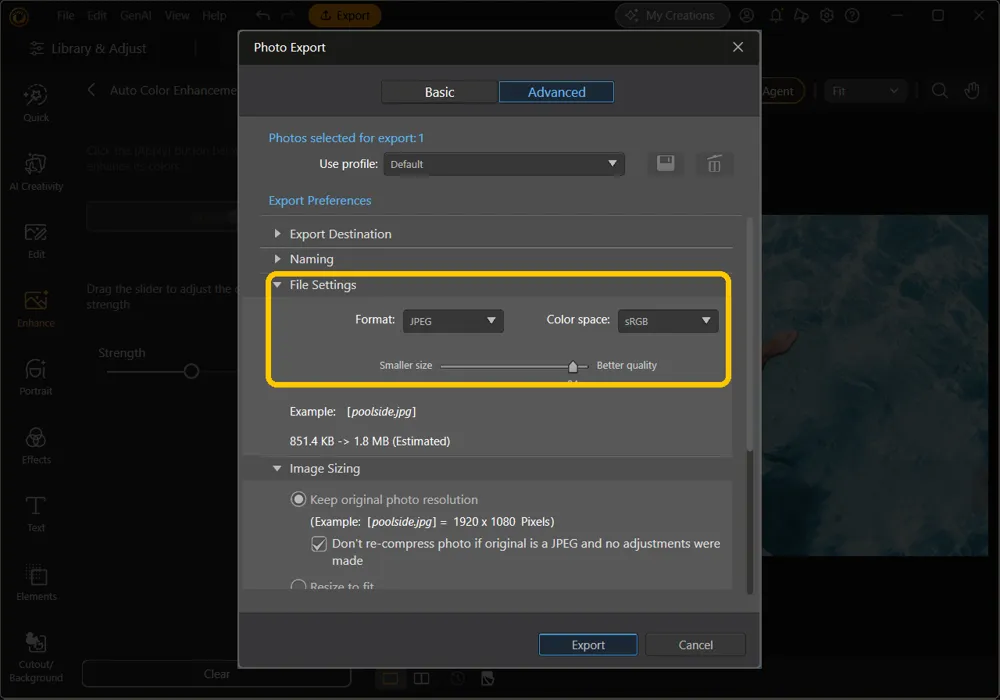 The Photo Export window on the Advanced tab with the File Settings section highlighted: Format, Color space, and the Smaller size to Better quality slider