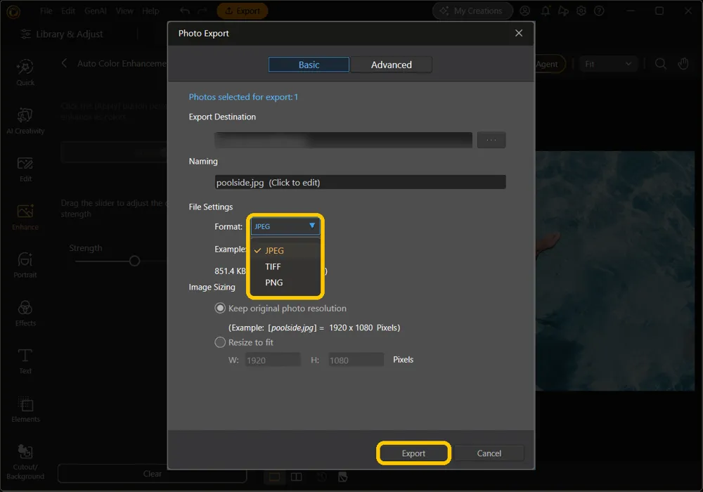 The Photo Export window on the Basic tab with the Format menu open showing JPEG, TIFF, and PNG, and the Export button highlighted
