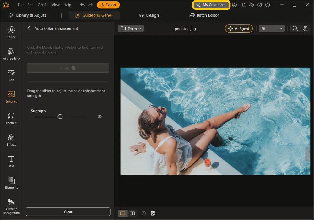 The PhotoDirector main window with the My Creations button highlighted at the top right