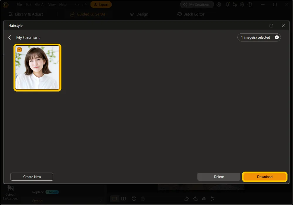 A Hairstyle result selected in My Creations with the Download button highlighted