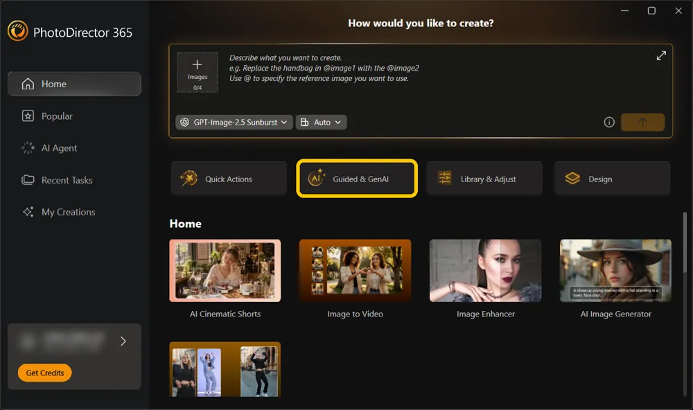 The PhotoDirector launcher with Guided & GenAI highlighted