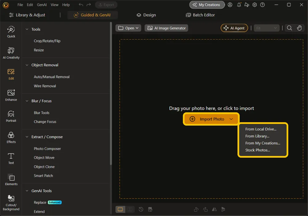 The empty Guided & GenAI canvas with the Import Photo button and its source menu highlighted