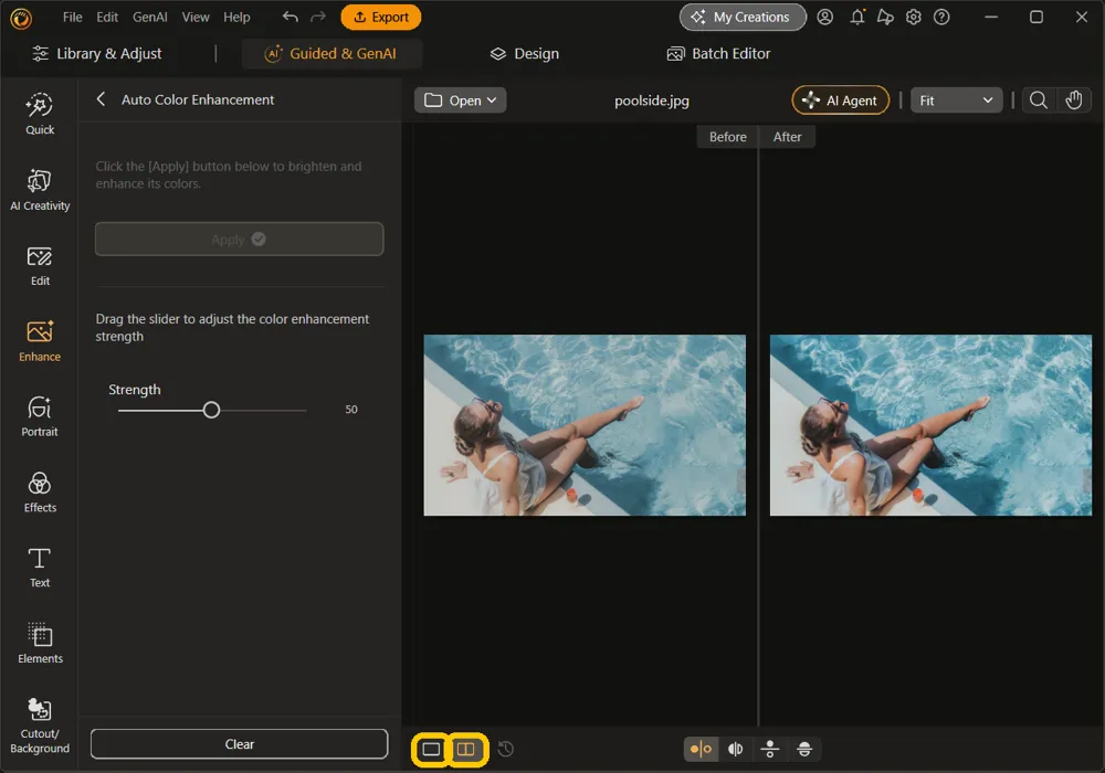 The canvas split into Before and After views of the example photo, with the single view and compare buttons highlighted