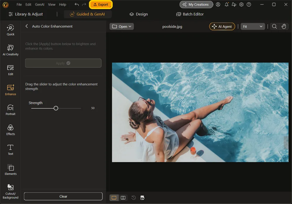The edited example photo in Guided & GenAI with the Export button highlighted at the top of the window