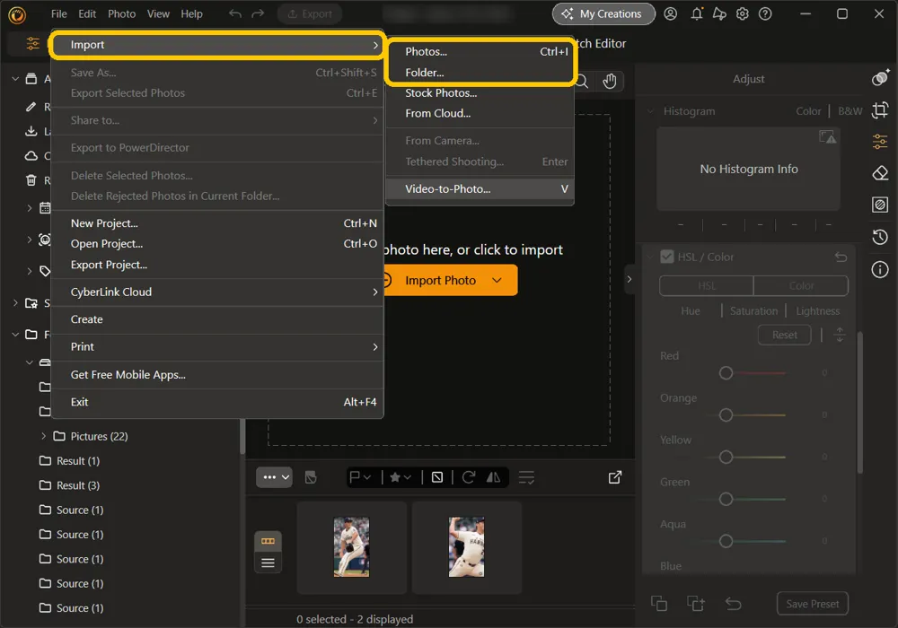 The Library & Adjust File menu with Import open and Photos and Folder highlighted