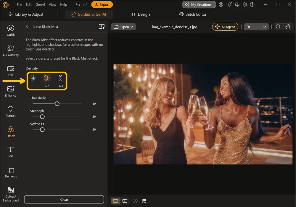 The three Density presets, 1, 1/2, and 1/4, highlighted in the Lens: Black Mist panel