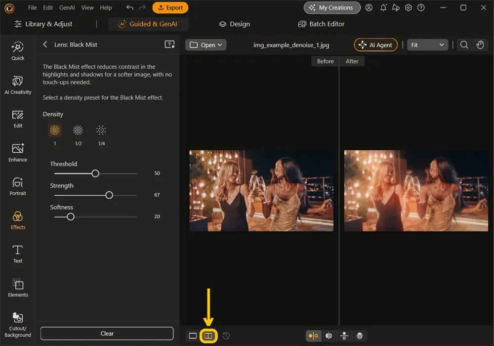 The side-by-side view button highlighted, with the original photo under Before and the Black Mist version under After