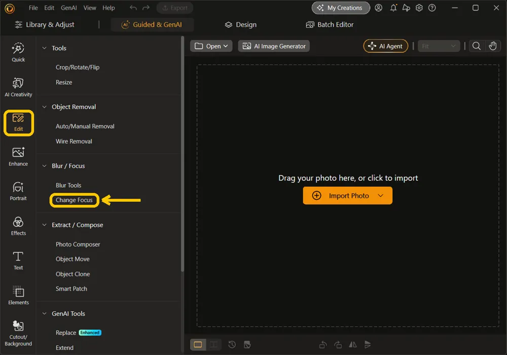 The Edit rail and Change Focus under Blur / Focus highlighted in the Guided and GenAI tab
