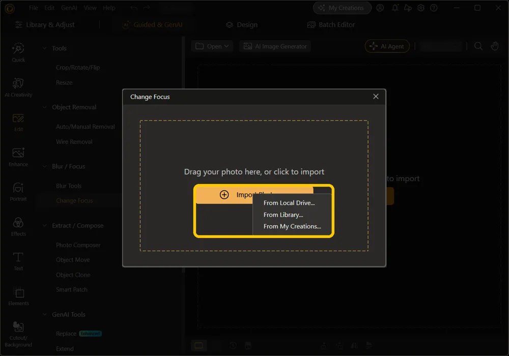 The Change Focus import window with the Import Photo menu open, listing From Local Drive, From Library, and From My Creations, highlighted