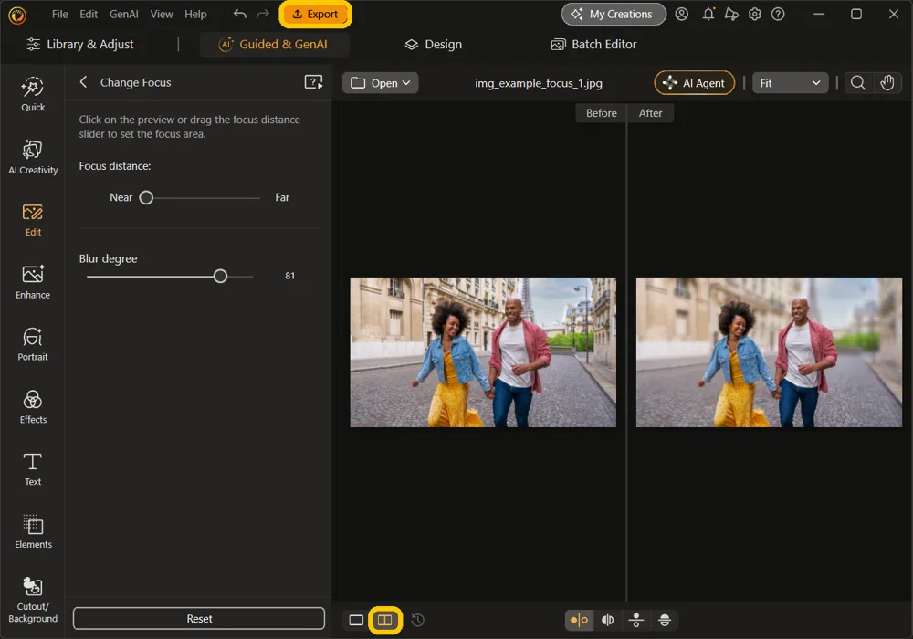 The Before and After views side by side, with the side-by-side view button and the Export button highlighted