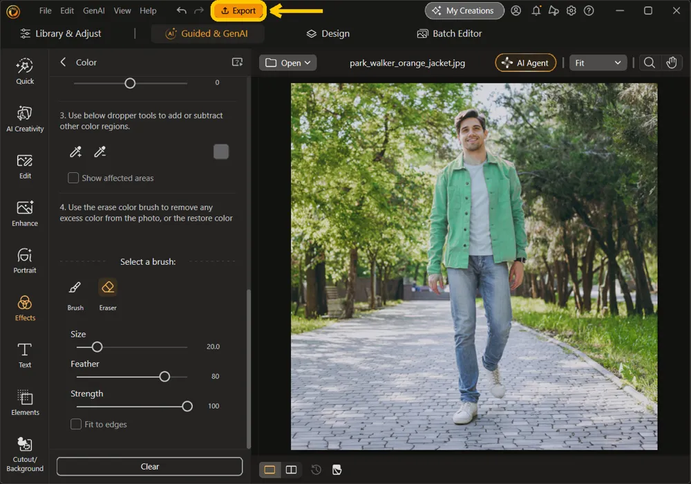 The Export button highlighted at the top of the window, with the green-jacket photo in the editor