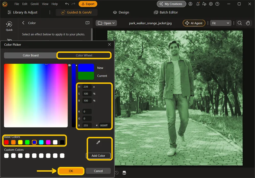 The Color Picker with the Color Wheel tab, the HSB, RGB, and hex value boxes, the Basic Colors row with blue selected, the eyedropper and Add Color, and the OK button highlighted