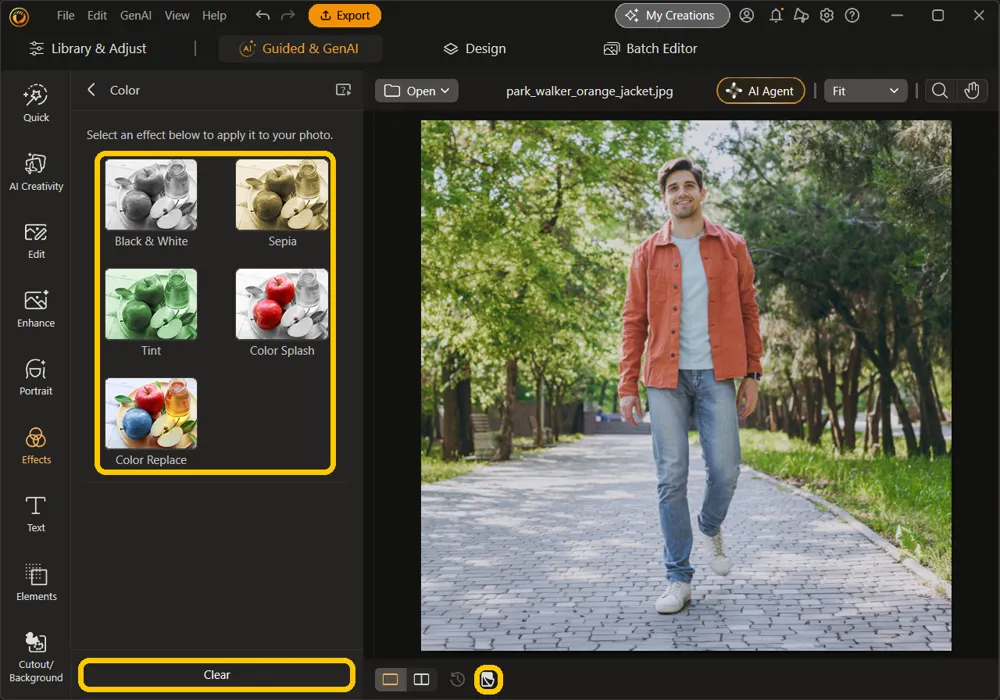 The five Color effect thumbnails, the Clear button at the bottom of the panel, and the show-original button at the bottom left of the canvas, highlighted