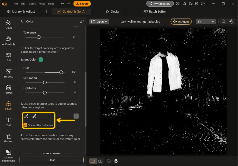 The add and subtract droppers and the checked Show affected areas option highlighted, with the jacket shown in white on a black mask