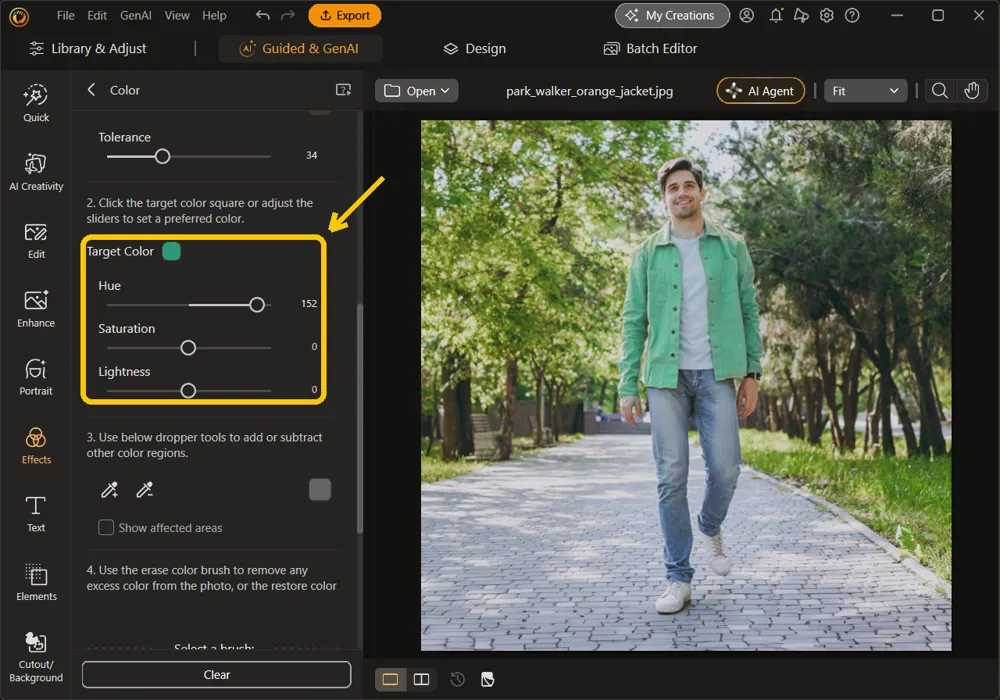 The Target Color square and the Hue, Saturation, and Lightness sliders highlighted, Hue at 152, with the jacket now green